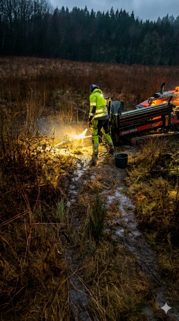 Operatör i varselkläder styr borrningen vid borriggen Ditch Witch JT10 under ett uppdrag med styrd borrning i fält